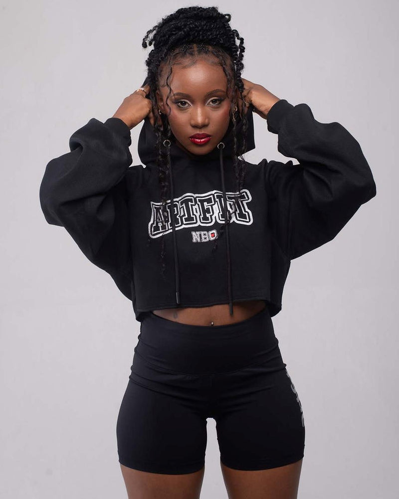 Black Set - Biker Shorts Paired With Cropped Hoodie