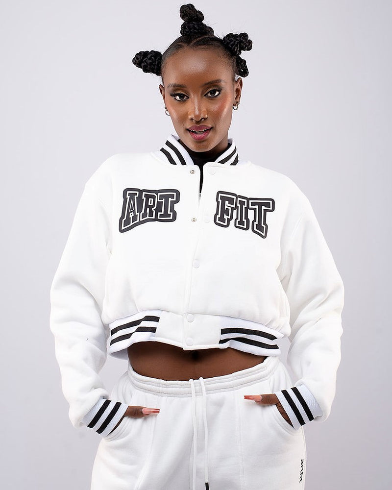 Cropped Art-Varsity Jacket - White