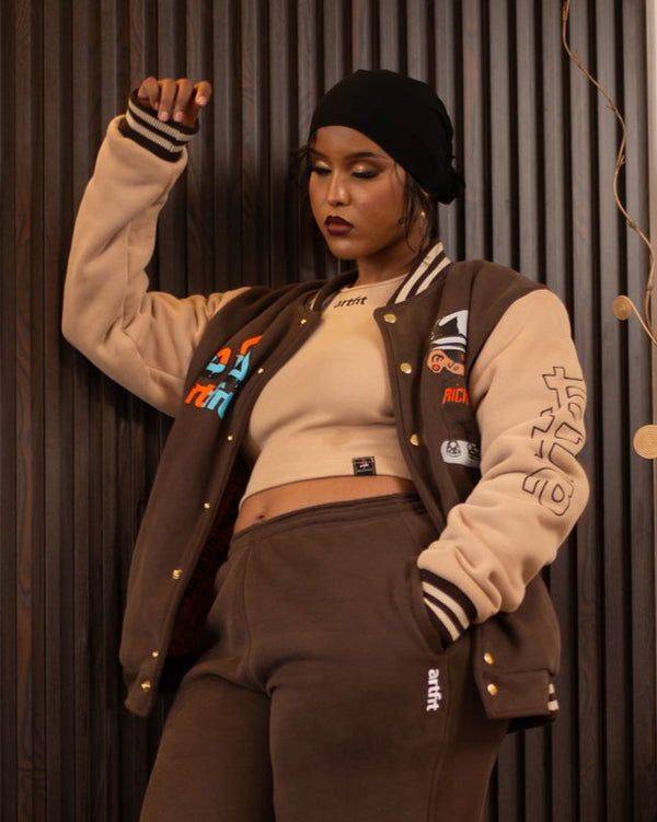 Rich Badness Varsity Jacket - Dark Brown /Light Brown