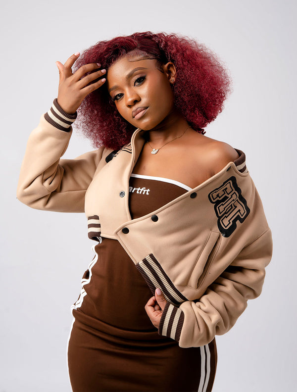 Bandeau Dress and Cropped Varsity Jacket Set - Dark Brown