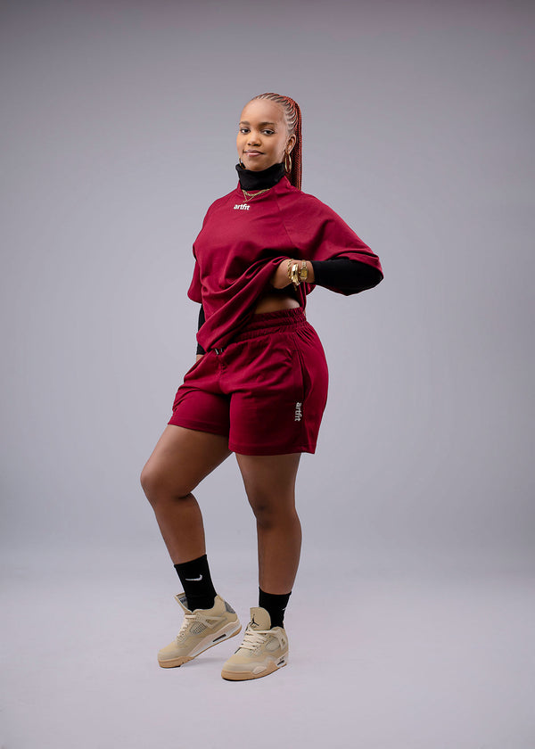 Co-ord 3 piece set Turtle Neck,t-shirt & shorts - Burgundy