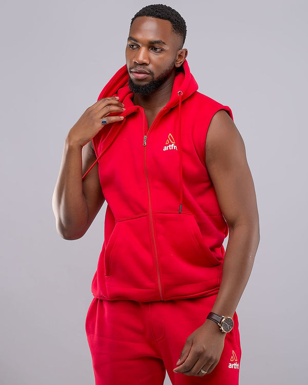 Red Sleeveless Zipped Hoodie