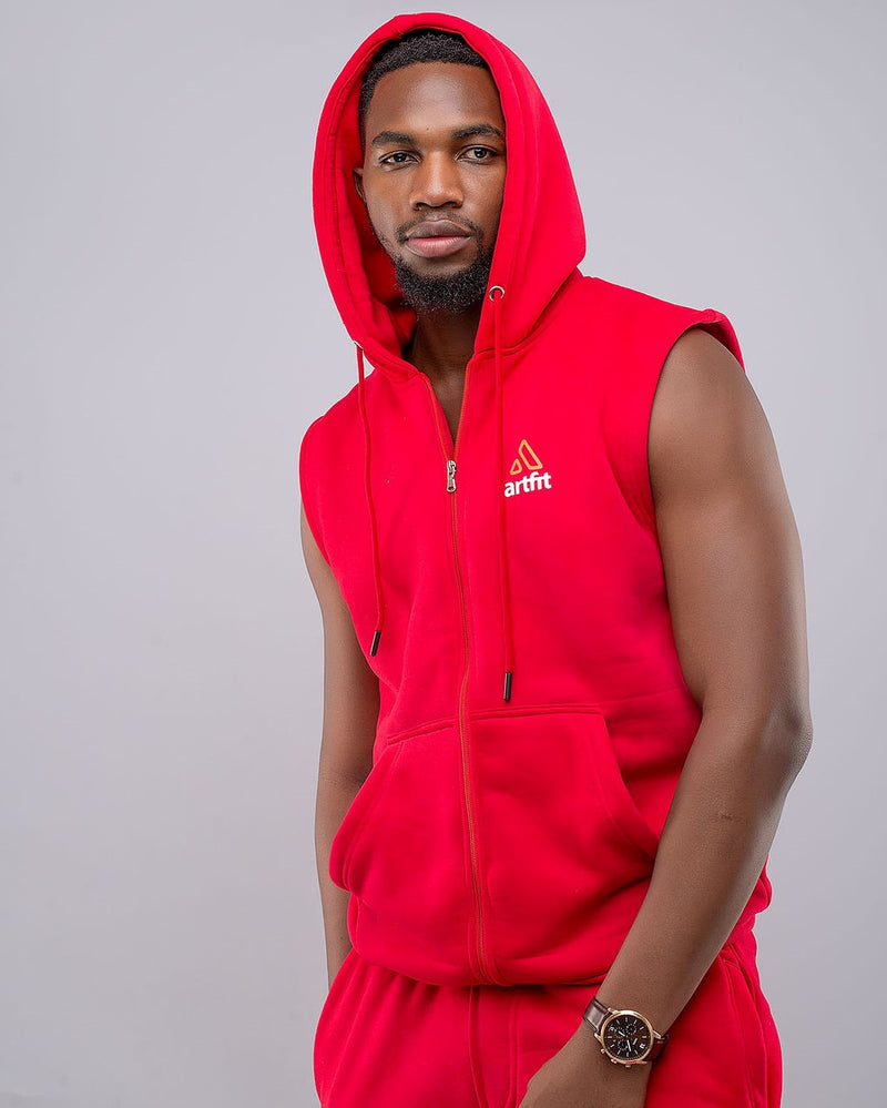 Red Sleeveless Zipped Hoodie