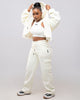 Vest Top, Cropped Zipped Hoodie paired with Cargo Pants - Cream White
