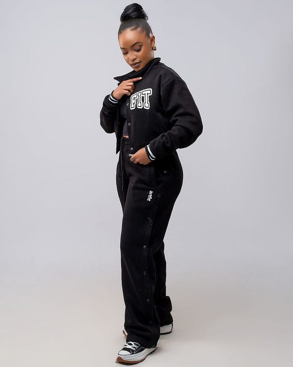 Cropped Varsity Jacket paired with Zaria Pants - Black