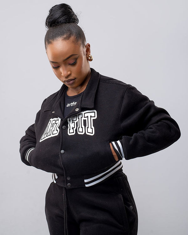 Cropped Varsity Jacket - Black