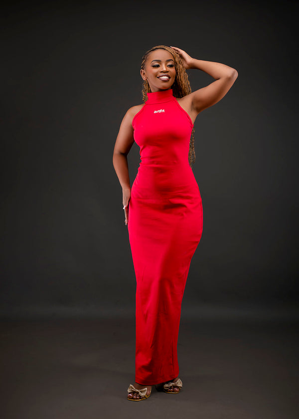 Mira Turtle-neck Maxi Dress - Red