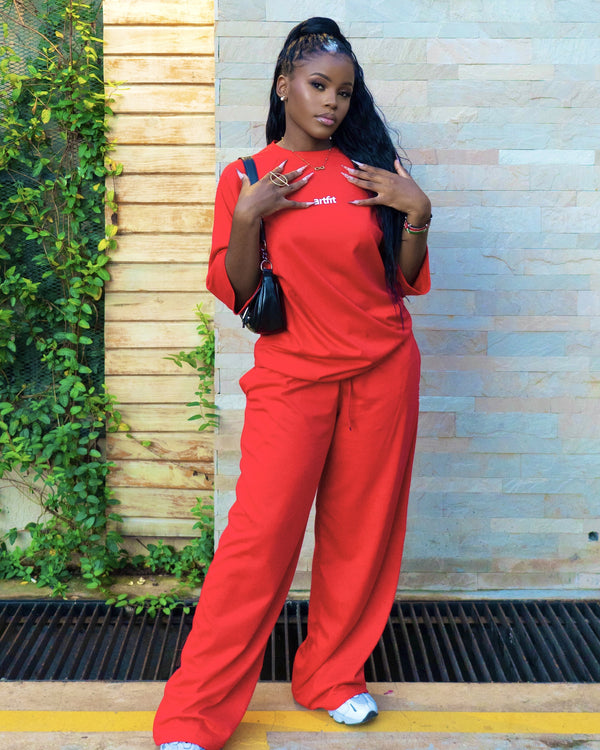 Co-ord T-shirt and Wide Legged Pants Set - Red
