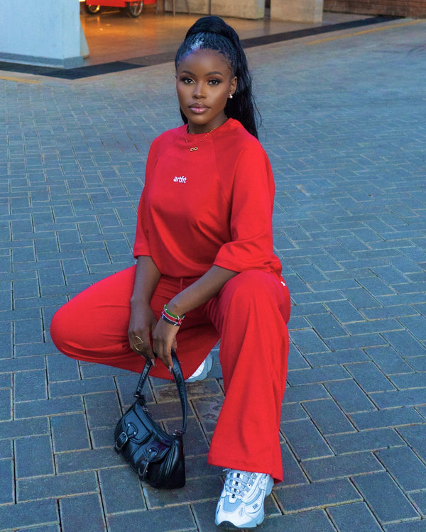 Co-ord T-shirt and Wide Legged Pants Set - Red