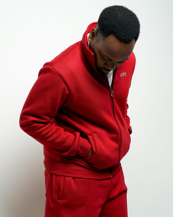 Athleisure Zipped Jacket And wide Legged Pants Tracksuit - Maroon Red