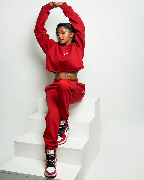 New Zaria Cropped Hoodie and Pants Tracksuit  - Maroon Red