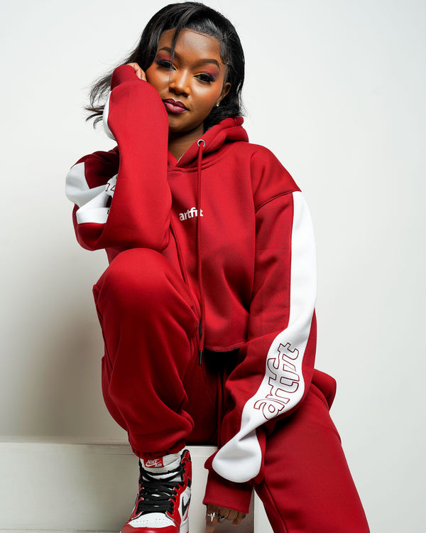 New Zaria Cropped Hoodie and Pants Tracksuit  - Maroon Red