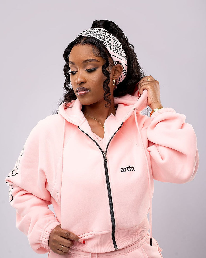 Baby Pink Nas Cropped Zipped Hoodie(Without Tear Drops)