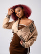 Bandeau Dress and Cropped Varsity Jacket Set - Dark Brown