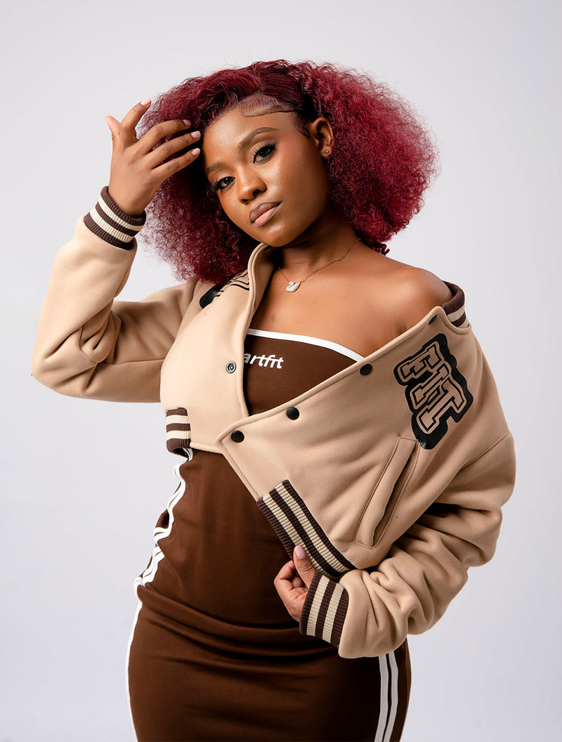 Bandeau Dress and Cropped Varsity Jacket Set - Dark Brown