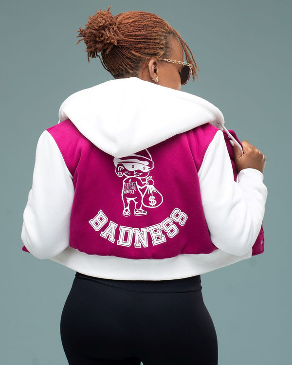Cropped Varsity Jacket - Fuchsia/White