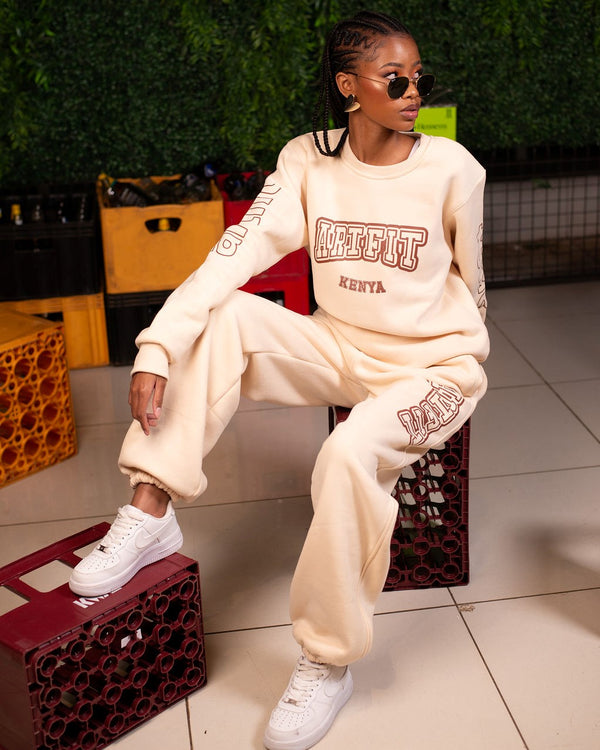 Cream White Set - Features a Wide Legged Sweatpants with an elastic finish