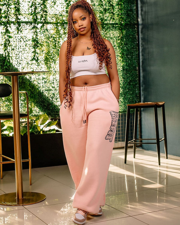 Baby Pink Blown Up Sweatpants with elastic finish paired with Camisole vest top.
