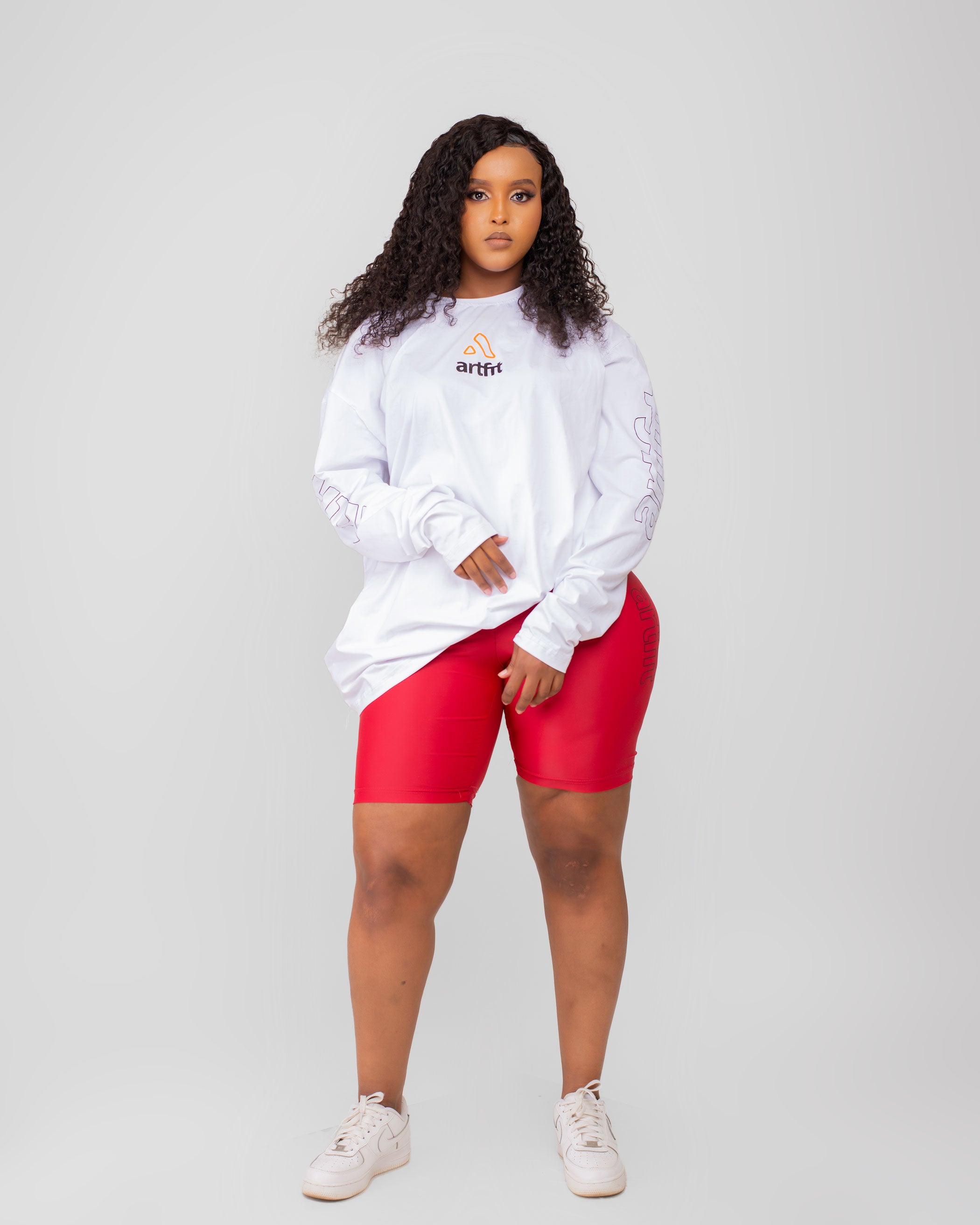 Classic Oversized Long Sleeved Tshirt and Biker Short - White and Maroon